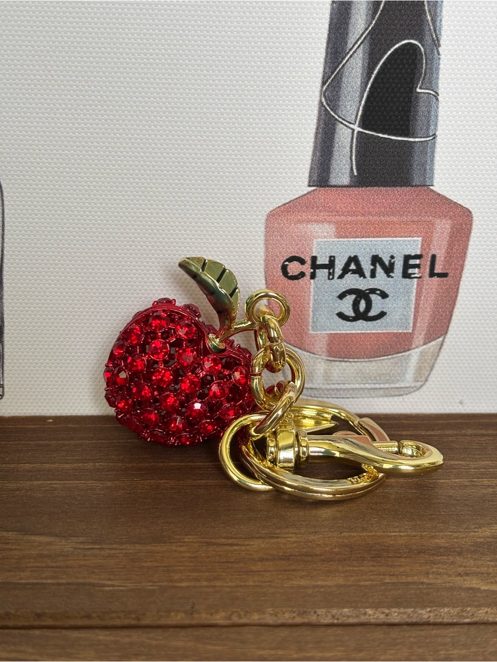 Red Crystal Apple Key Charm with Gold-Tone Hardware